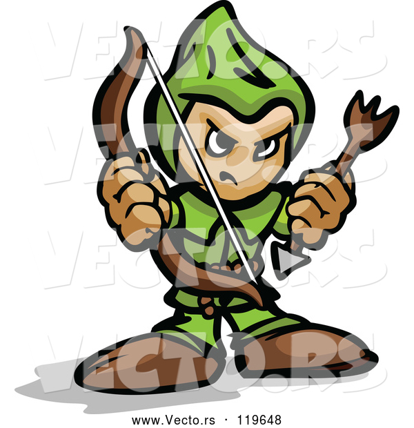 Vector of Tough Cartoon Archer Holding a Bow and Arrow