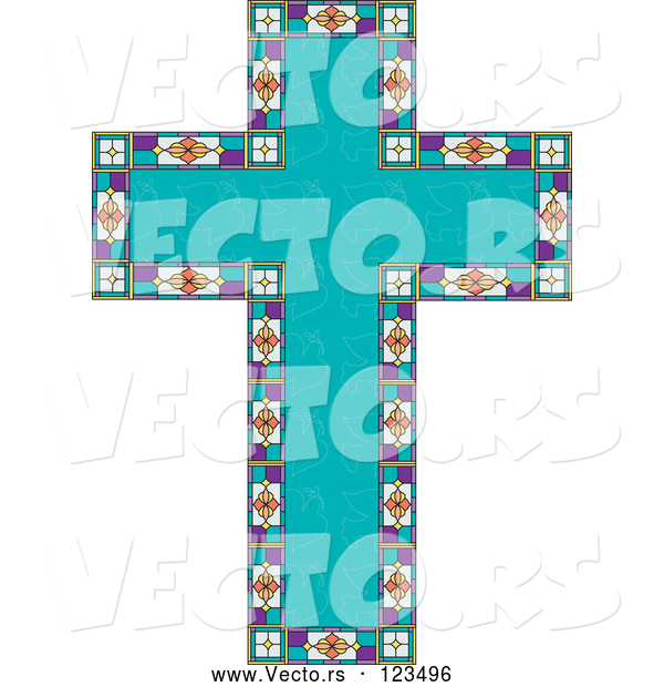 Vector of Turquoise Peace Dove Patterned Easter Cross Bordered with Stained Glass