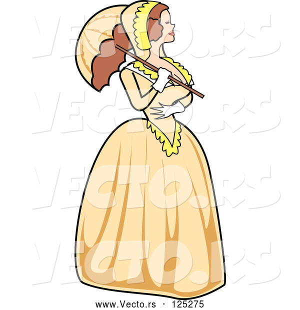 Vector of Victorian Woman Strolling in a Yellow Dress with a Parasol
