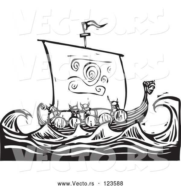Vector of Viking Warriors and a Dragon Ship at Sea Black and White Woodcut
