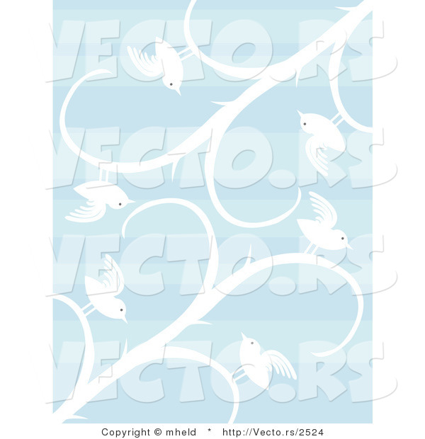 Vector of White Birds and Vines over Blue Patterned Background