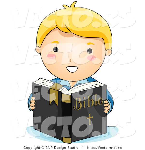 Vector of White Christian Boy Reading Holy Bible