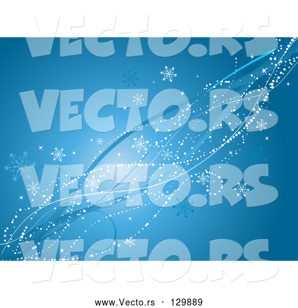 Vector of White Dots, Snowflakes, Bursts and Blue Waves Spanning Diagonally over a Blue Background