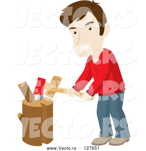 Vector of White Guy Smiling While Chopping Wood on a Stump