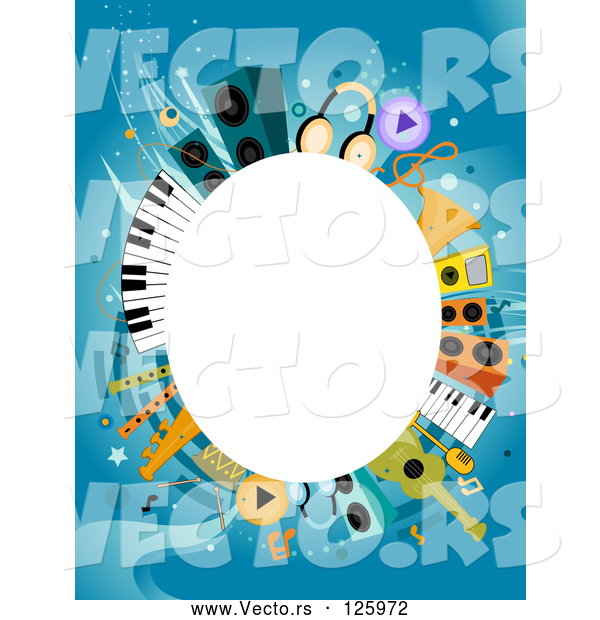 Vector of White Oval Framed by Music Items on Blue