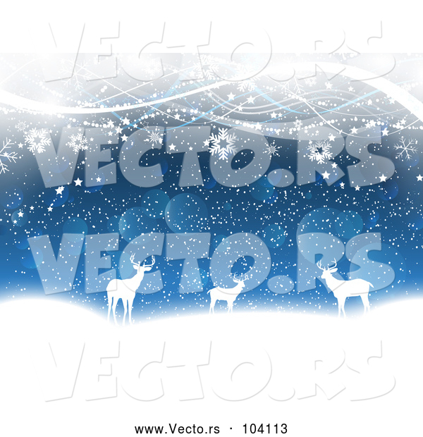 Vector of White Silhouetted Deer with Snowflakes Bokeh and Waves