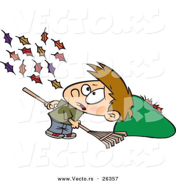 Vector of Wind Blowing More Autumn Leaves to the Ground for a Cartoon Boy to Rake up