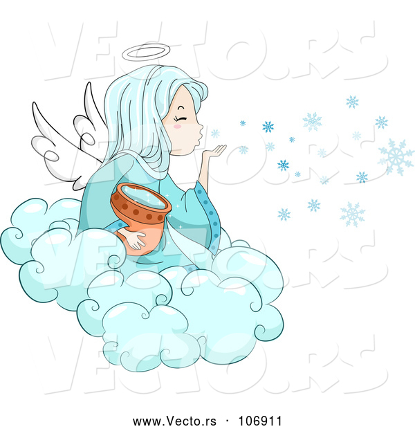 Vector of Winter Angel Girl Blowing Snowflakes from a Cloud