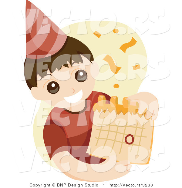 Vector of Young Birthday Boy Wearing Party Hat and Holding a Calendar