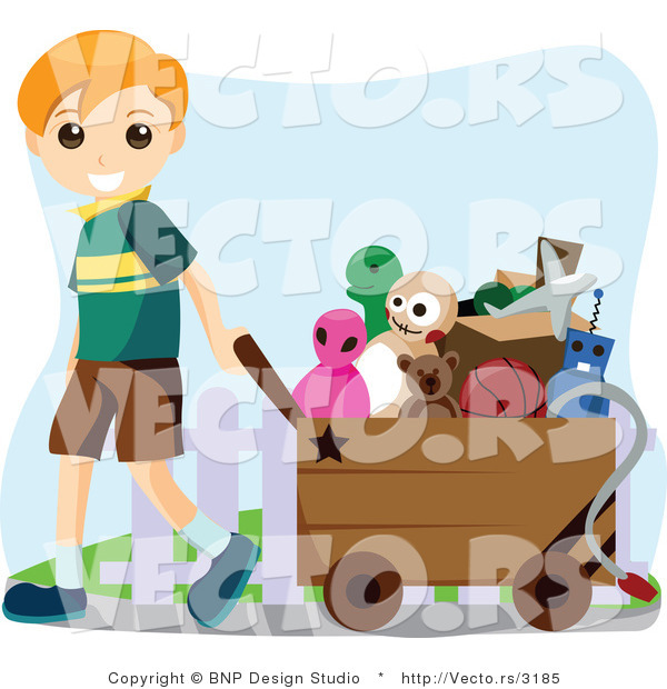 Vector of Young Boy Pulling a Wagon Full of Toys