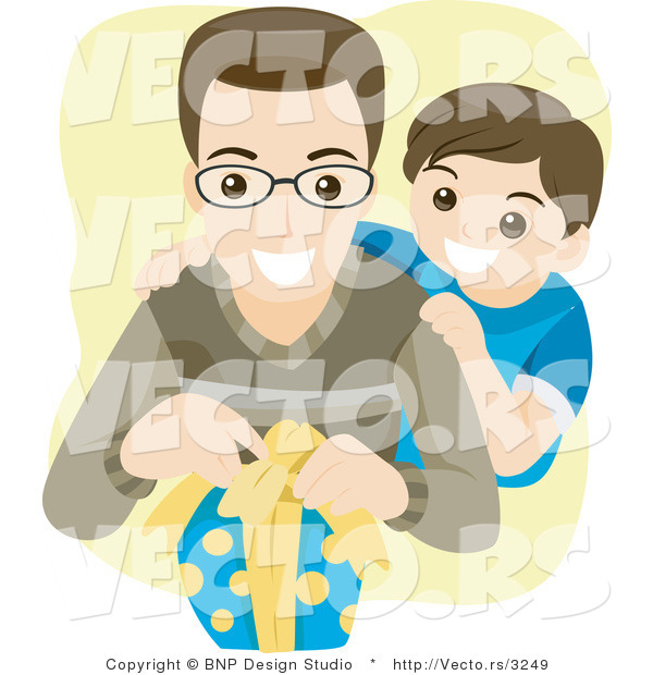 Vector of Young Boy Watching His Dad Open a Wrapped Present