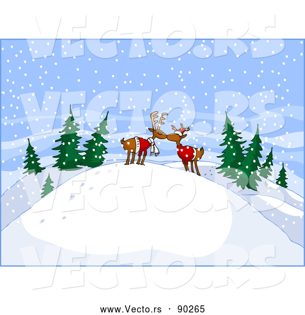 Vector of Young Cartoon Reindeer Kissing on Snow Hill in the Woods