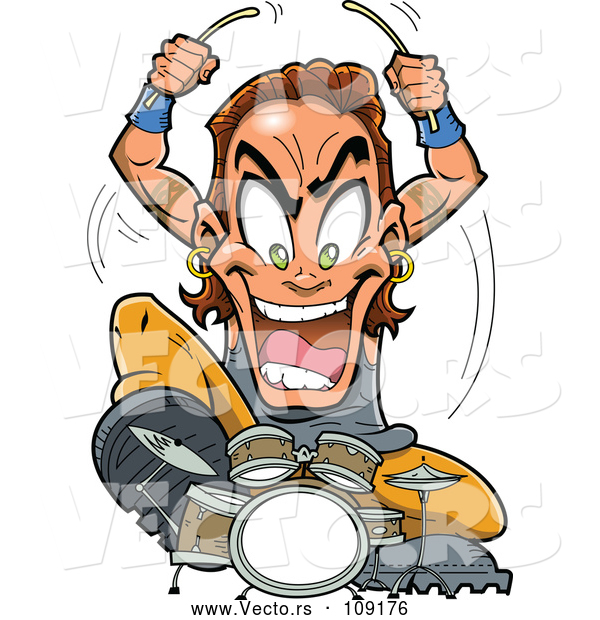 Vector of Young Energetic Metal Band Drummer Musician Guy Aggressively Playing
