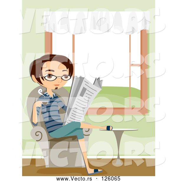 Vector of Young Guy Reading the Newspaper and Sipping Coffee in a Living Room