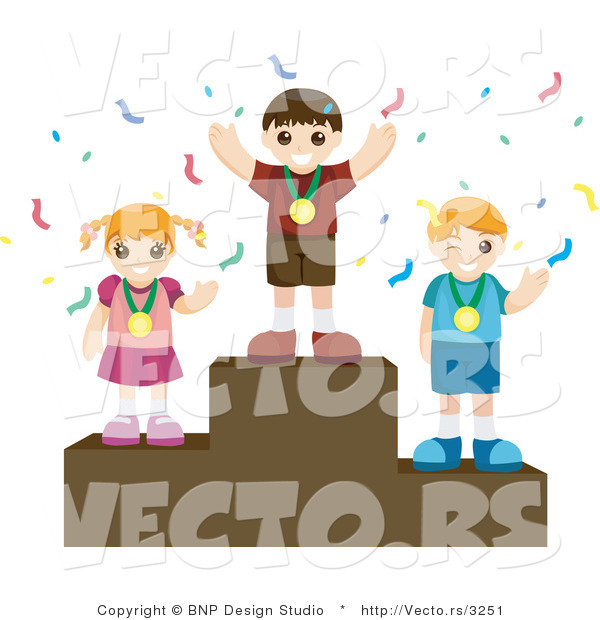 Vector of Young Happy Girl and Two Boys Wearing Medals While Standing on Pedestals