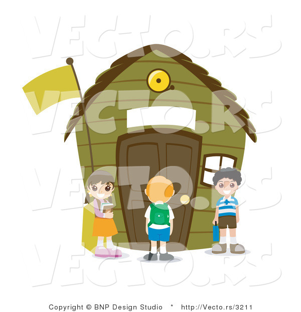 Vector of Young Happy Kids Standing Outside a Small School House