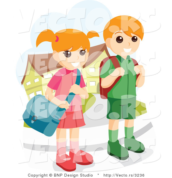 Vector of Young School Boy and Girl Waiting at a Bus Stop