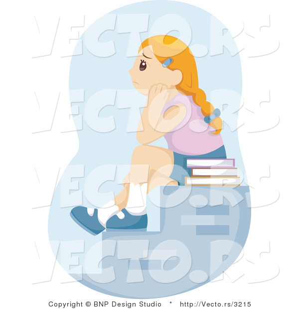 Vector of Young School Girl Sitting by Herself with Books on Stairs While Waiting