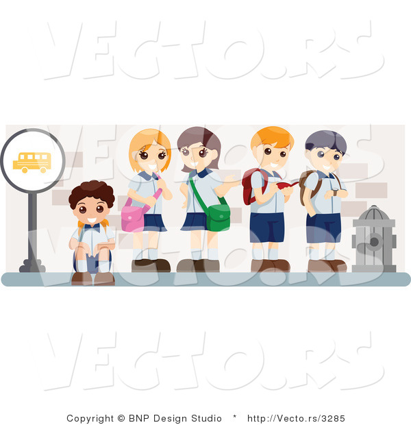 Vector of Young School Kids Waiting at a Bus Stop