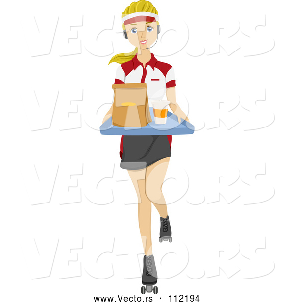 Vector of Young White Female Food Worker Wearing Roller Skates with Food at a Drive in
