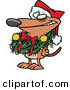 Cartoon Vector of a Brown Dog Wearing Santa Hat and Grinning with Christmas Wreath Around His Neck by Toonaday