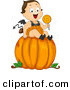 Cartoon Vector of a Happy Baby Halloween Devil Boy Sitting on a Large Pumpkin by BNP Design Studio