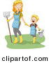 Cartoon Vector of a Happy Boy Walking with His Mom While Carrying Garden Tools by BNP Design Studio