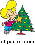 Cartoon Vector of a Happy Girl Decorating a Christmas Tree with a Gold Star by Toonaday