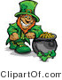 Cartoon Vector of a Happy Leprechaun Mascot Standing Beside Full Pot of Gold by Chromaco