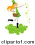 Cartoon Vector of a Happy St. Patrick's Day Girl on a Cloud, Tossing Clovers by BNP Design Studio