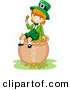 Cartoon Vector of a Happy St. Patrick's Day Leprechaun Girl Holding a Clover While Sitting on a Pot of Gold by BNP Design Studio