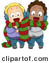 Cartoon Vector of a Happy Toddlers Sharing a Scarf for Christmas by BNP Design Studio