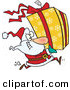 Cartoon Vector of a Santa Running to Deliver a Large Christmas Present Gift Wrapped in a Red Bow, Ribbon and Yellow Paper with a White Snowflake Pattern by Toonaday