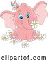 Cartoon Vector of Cute Pink Elephant with a Butterfly and Flowers by Alex Bannykh