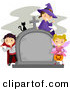 Cartoon Vector of Happy Halloween Kids and a Black Cat Around a Cemetary Tombstone by BNP Design Studio