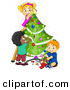 Cartoon Vector of Happy Kids Decorating a Christmas Tree Together by BNP Design Studio