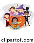 Cartoon Vector of Happy Kids Wearing Halloween Costumes Around a Giant Candy Pumpkin by BNP Design Studio