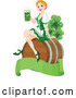 Cartoon Vector of Happy Strawberry Blond Beer Maiden Woman Sitting on a Keg Barrel and Holding a Cup of Green St Patricks Day Alcohol over a Blank Banner with Magical Shamrock Clovers by Pushkin