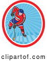 Cartoon Vector of Hockey Player in an Oval of Blue Rays by Patrimonio