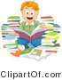 Cartoon Vector of Smiling School Boy Reading Book Within a Pile Books by BNP Design Studio