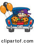 Halloween Vector of a Cartoon Trick-or-Treater Riding in the Trunk of a Car with Full Bucket of Candy by Toonaday