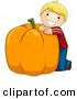 Halloween Vector of a Happy Cartoon Boy Leaning on Giant Pumpkin with Big Smile on His Face by BNP Design Studio