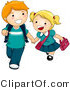 Vector of 2 Cartoon Kids Holding Hands and Walking to School by BNP Design Studio