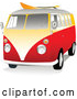 Vector of 3d Orange and Yellow VW Van with a Surf Board on the Roof by