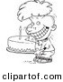 Vector of a Cartoon Birthday Boy Eating an Entire Cake - Coloring Page Outline by Toonaday