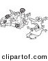 Vector of a Cartoon Black and White Outline Design of Spam Mail Shooting Towards a Man - Coloring Page Outline by Toonaday