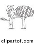 Vector of a Cartoon Black and White Outline Happy Woman Picking Donuts from a Tree - Outlined Coloring Page by Toonaday
