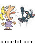 Vector of a Cartoon Blond Girl Screaming at a Scared Black Cat by Toonaday