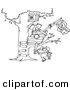 Vector of a Cartoon Boy Playing near His Pirate Tree House - Coloring Page Outline by Toonaday