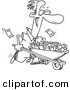 Vector of a Cartoon Businessman Pushing a Wheelbarrow Full of Cash - Coloring Page Outline by Toonaday